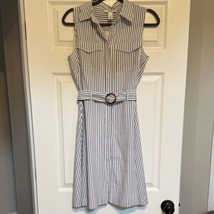 White House Black Market Gray and White Striped Midi Dress